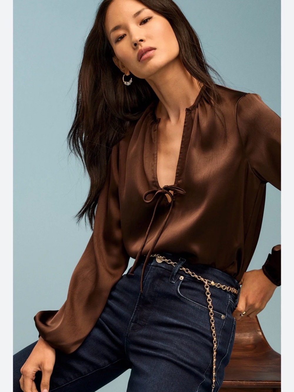 cloth & stone Brown Satin Tie-Neck Blouse